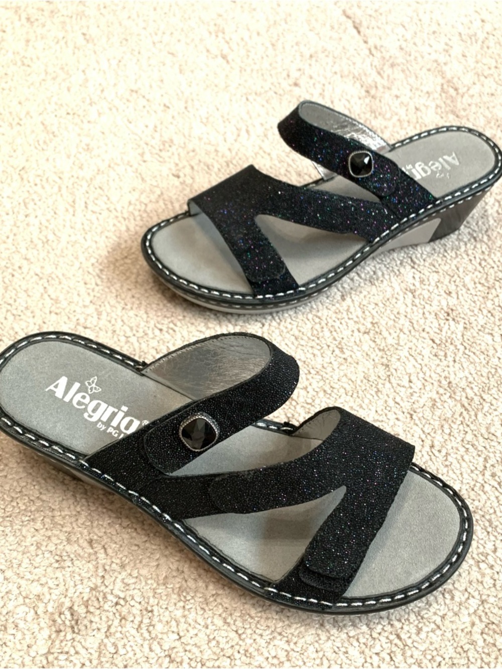 Alegria Loti Glitterati Black Wedge Sandals Women’s Size 39, US 8.5-9
